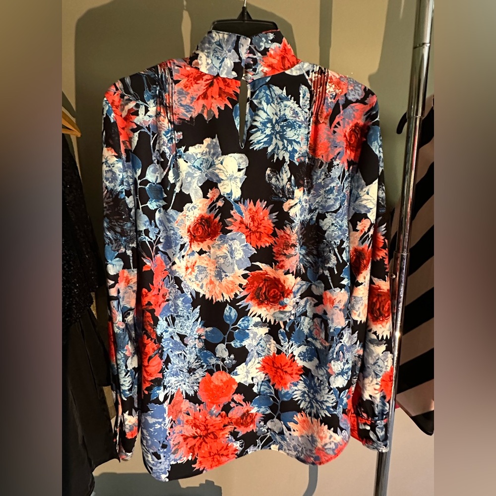 St. John Floral V-Neck Blouse - Black, Blue, Red